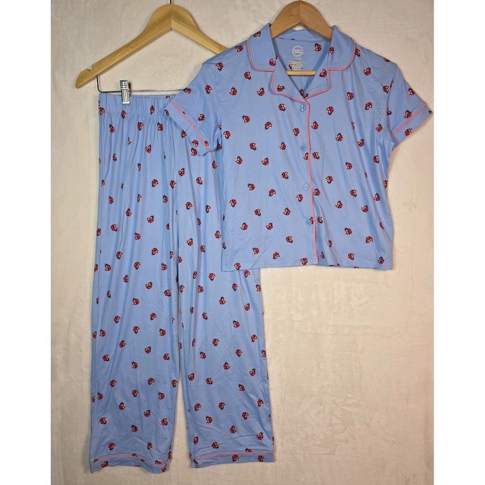 Wonder Nation Girls Ladybug Pajama Set Blue Button Front Size L 10 12